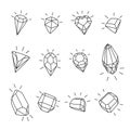 Set of 12 cartoon gems icons.Black and white vector illustration isolated for coloring and design.